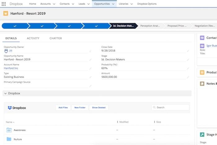 Dropbox integrations: screenshot of Dropbox inside Salesforce