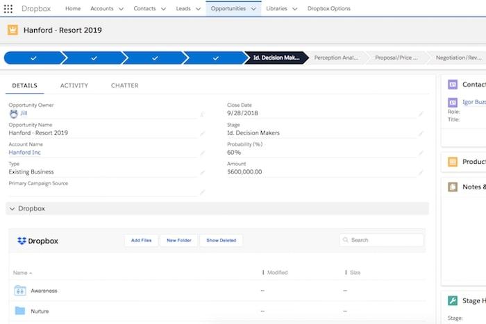 Dropboxの統合：Salesforce内のDropboxのスクリーンショット