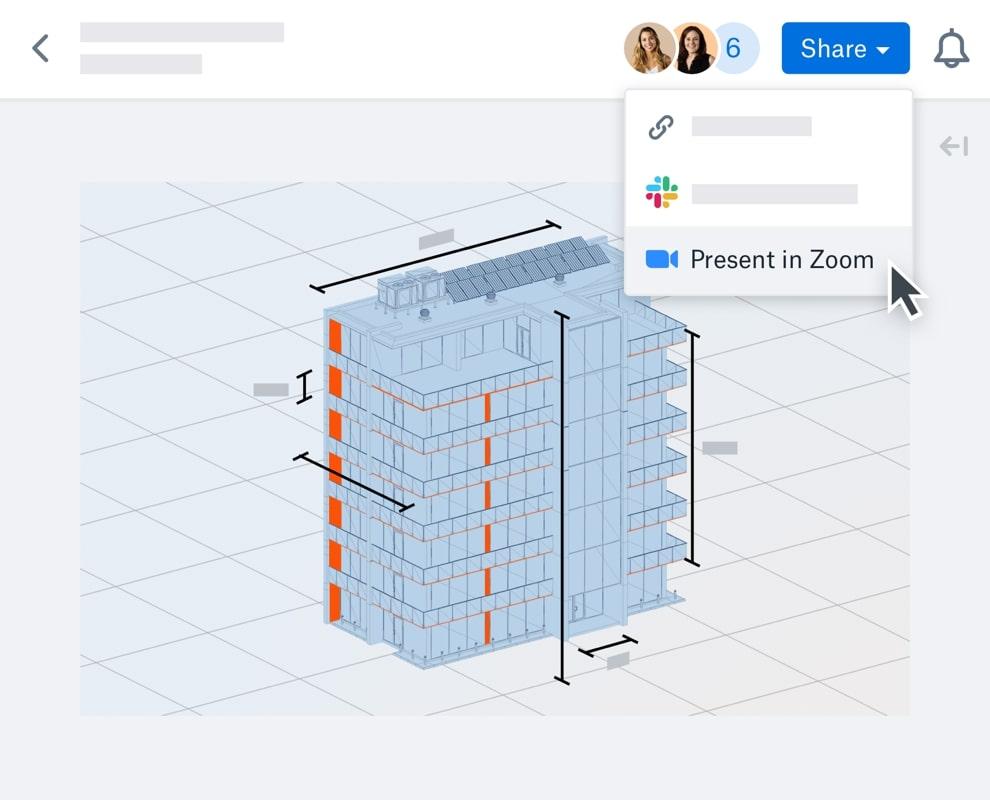 Dropbox integrations: cursor hovering over the Present in Zoom option