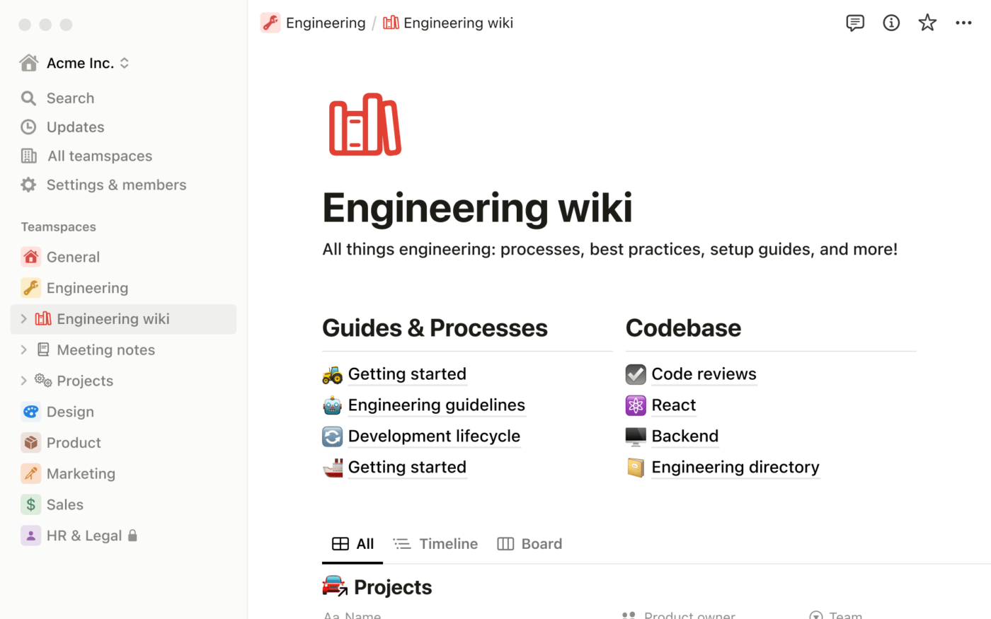 Example engineering wiki created through Notion's freeform features