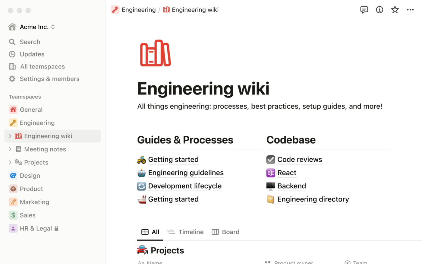 Contoh wiki rekayasa yang dibuat melalui fitur bentuk bebas Notion