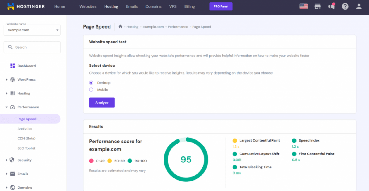 Example of a Hostinger dashboard page for tracking performance