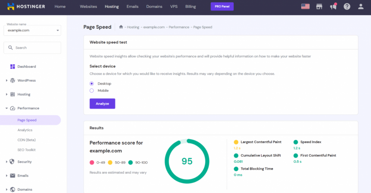 Voorbeeld van een Hostinger dashboardpagina voor het bijhouden van prestaties