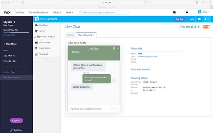 Esempio di gestione degli strumenti di un sito web in una dashboard di Wix