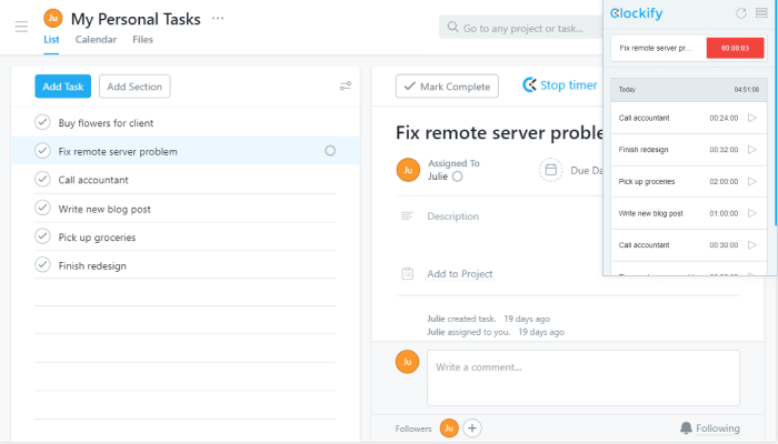 Esempio di utilizzo di Clockify in Asana