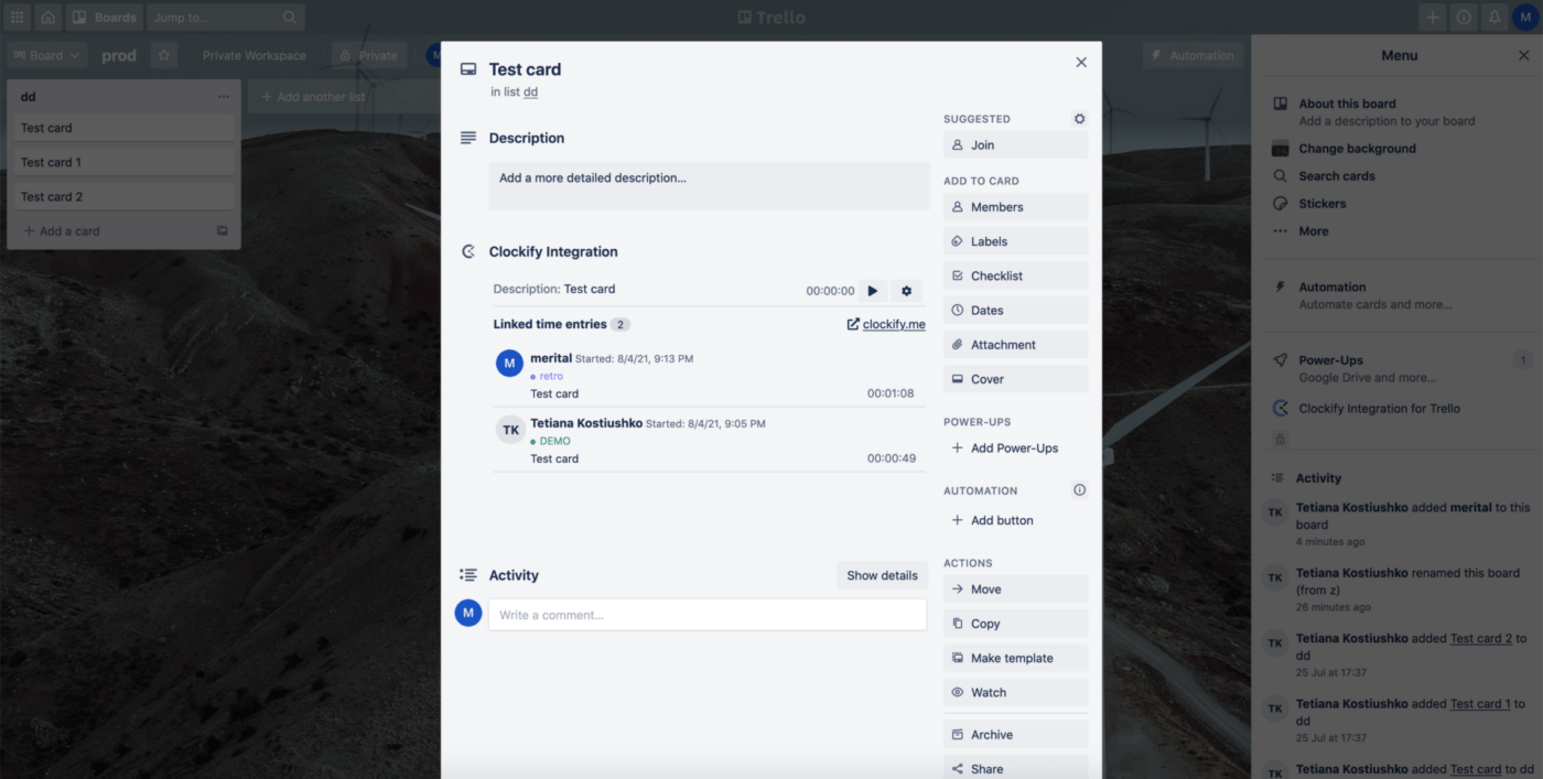 Example of using Clockify in a Trello card