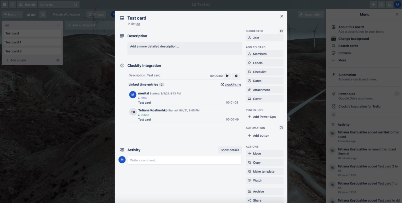 Contoh penggunaan Clockify di kartu Trello