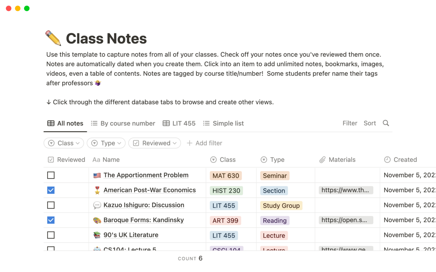 Example of using Notion to collect class notes