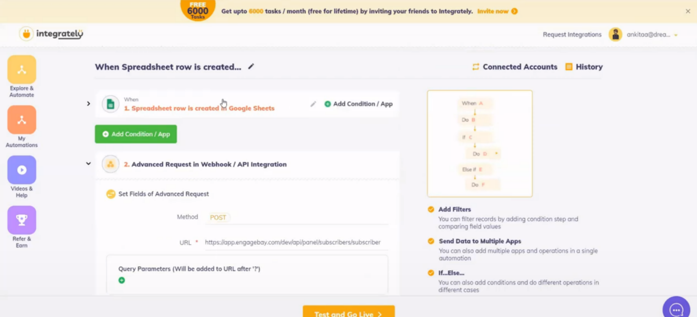 Ejemplo de proceso para crear una nueva automatización de hoja de cálculo en Integrately