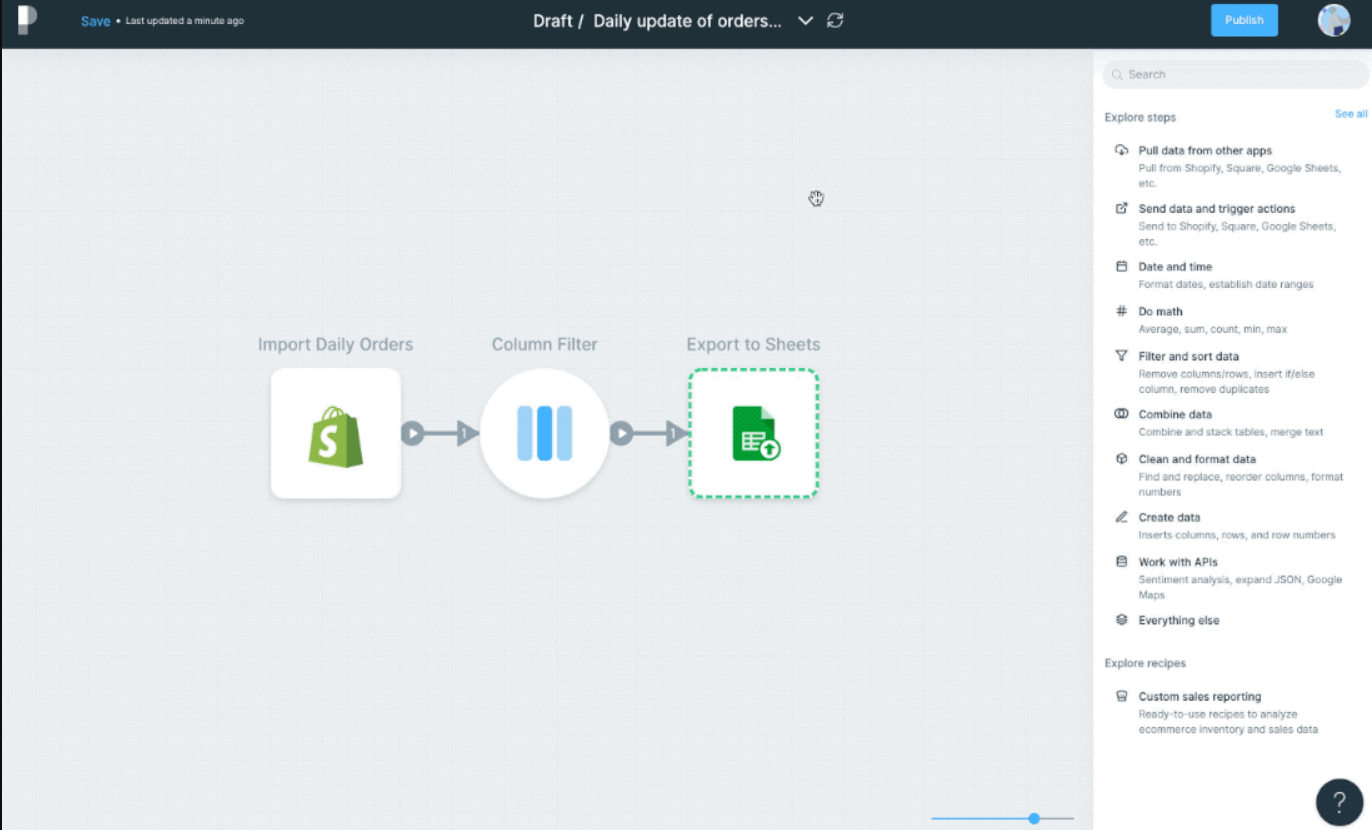 Example workflow in Parabola for exporting order data to Google Sheets