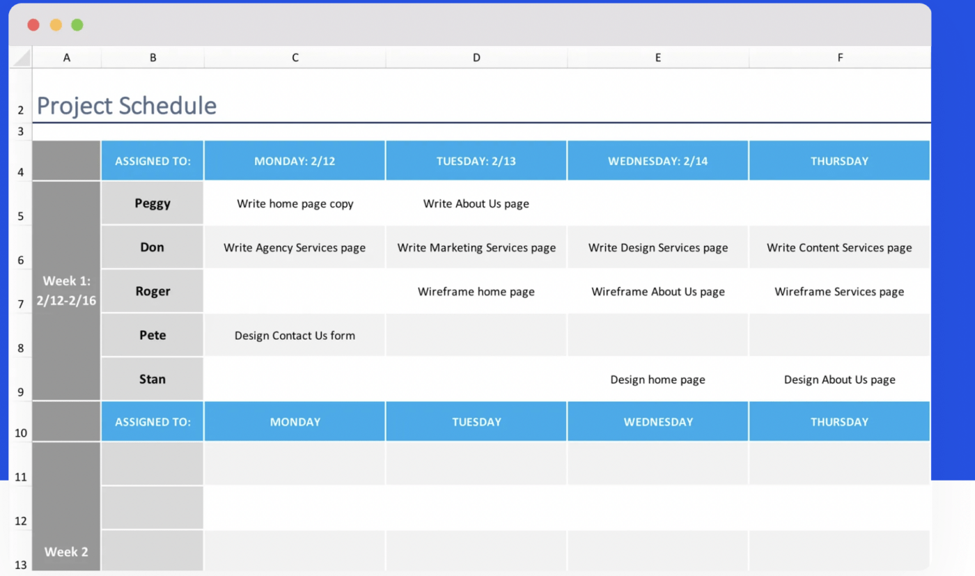 Modello di pianificazione del progetto in Excel di TeamGantt