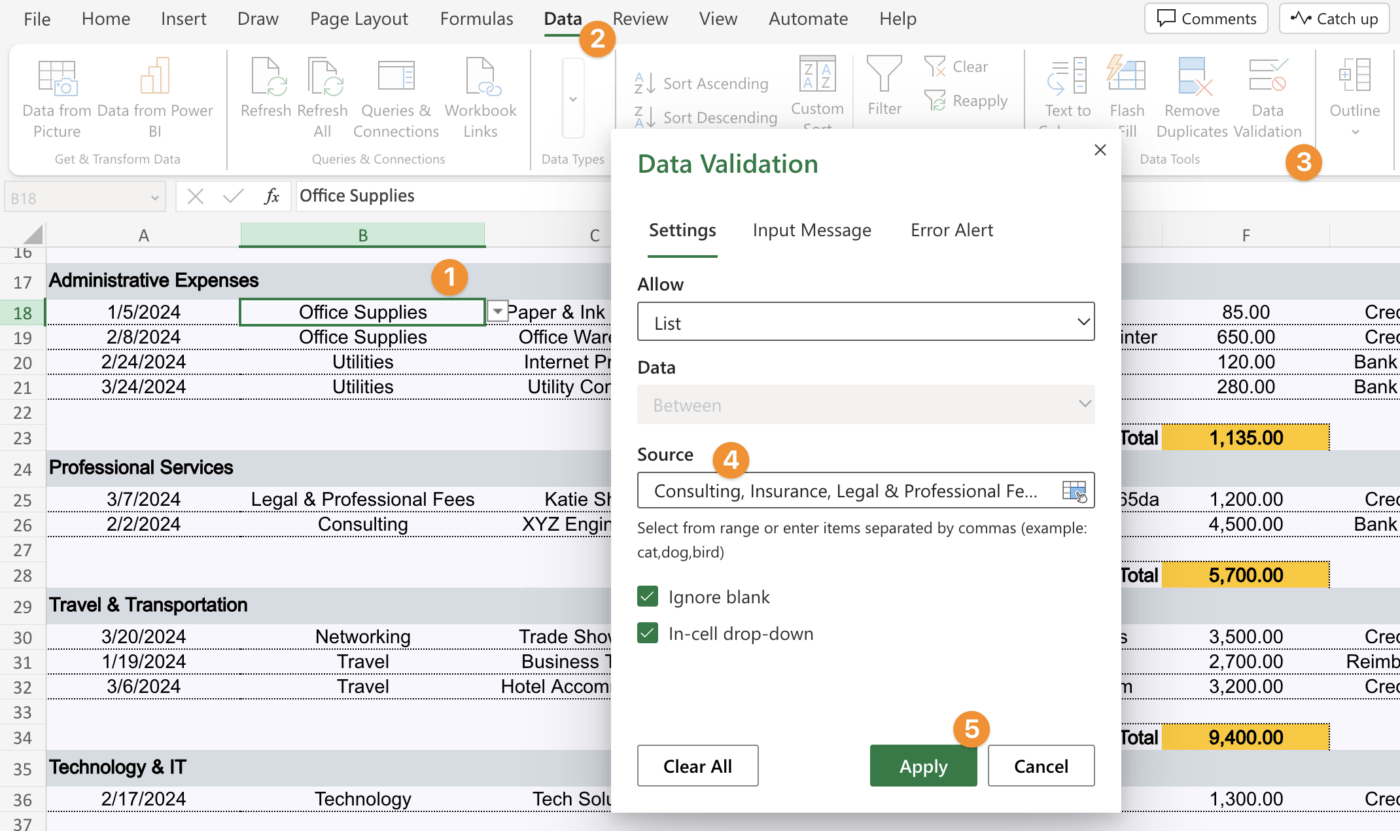 Data validation set up on a business expense report in Excel