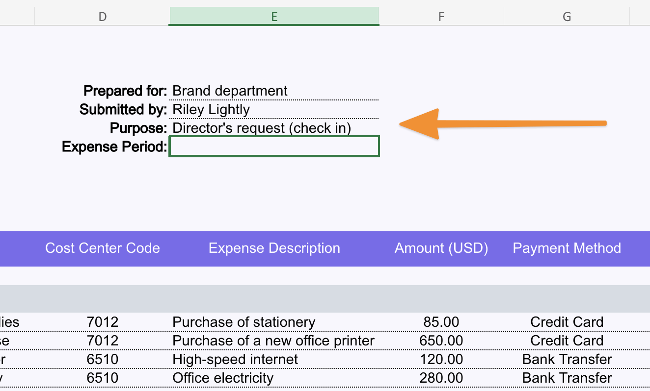 Expense report header example in an Excel spreadsheet