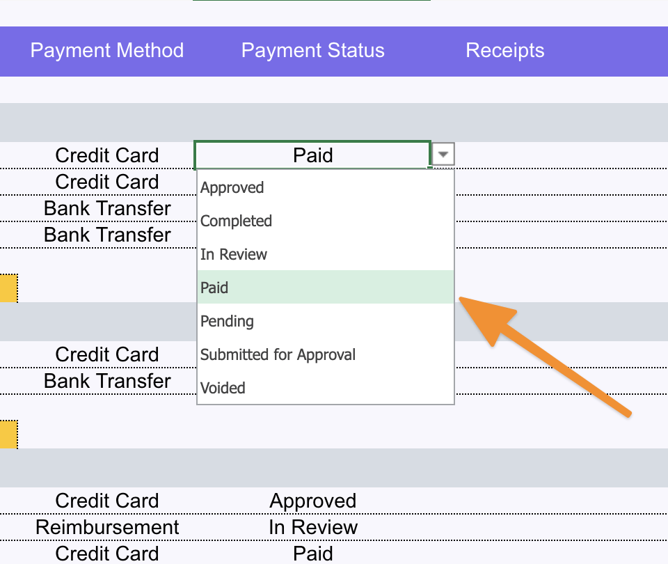 Payment statuses example on an Excel drop-down list