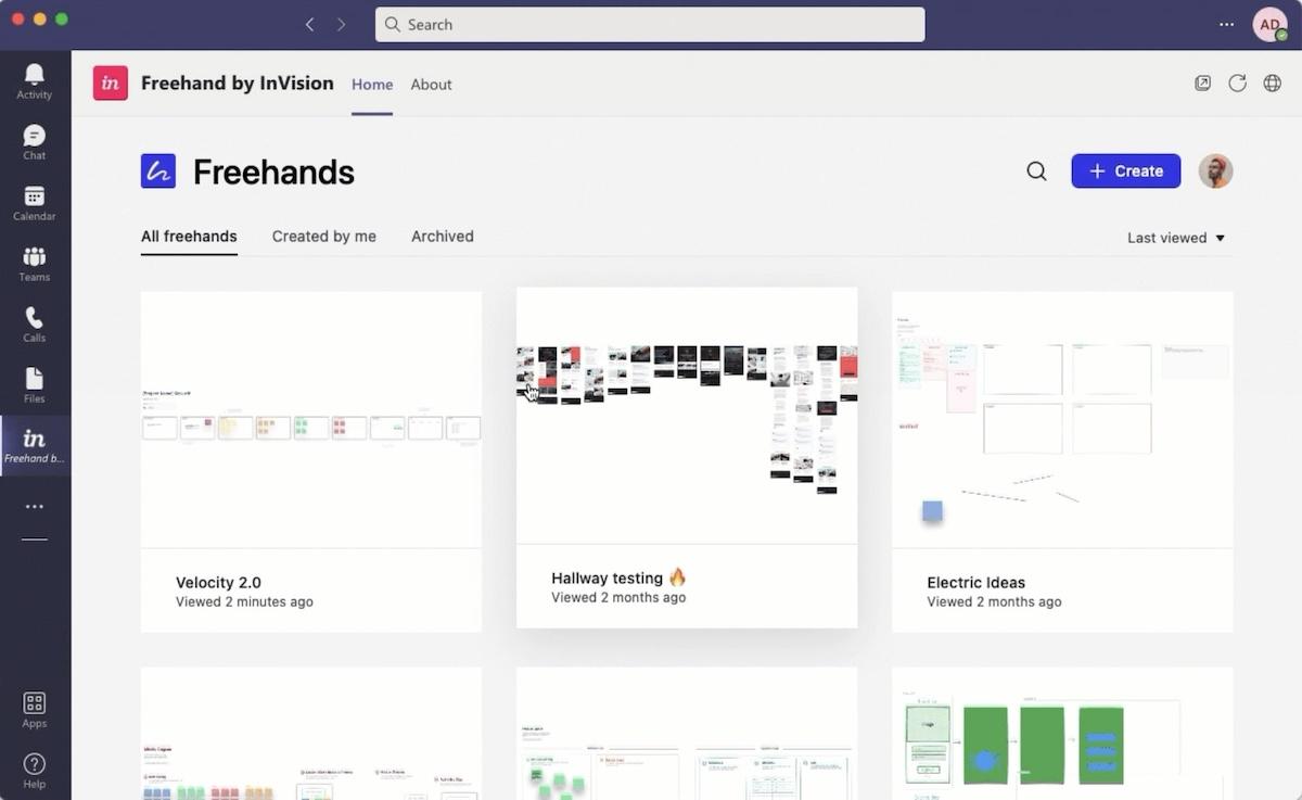 Integrazioni con Microsoft Teams: La pagina iniziale di Freehand all'interno di Microsoft Teams