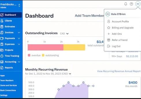 Project management software for subcontractors: hovering over the Account Profile option in FreshBooks