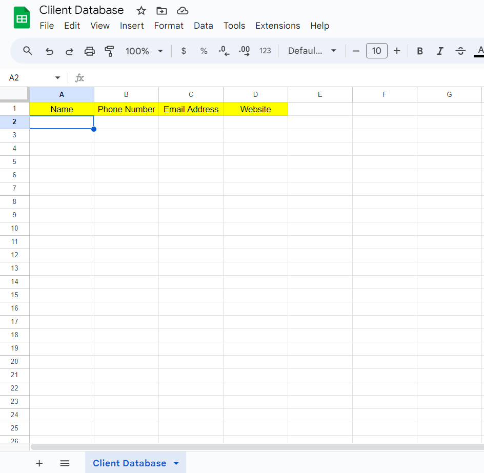 Création d'une base de données Google Sheets Étape 2