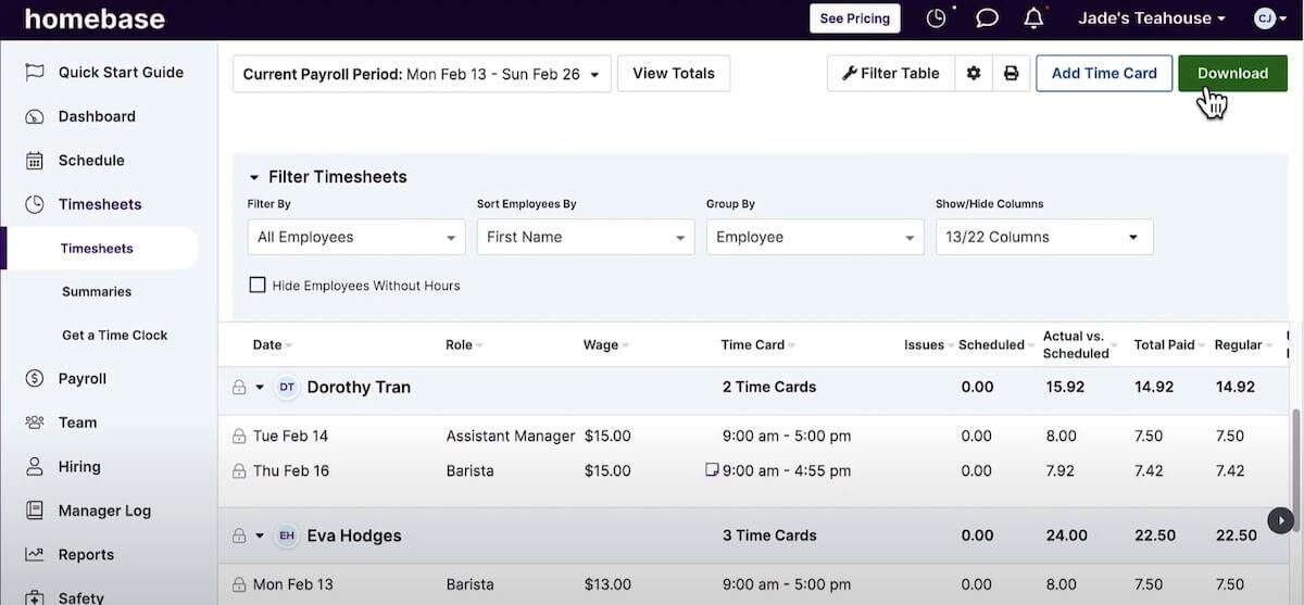 Homebase's Timesheets page