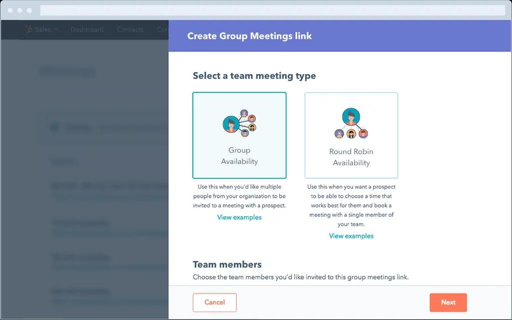 Selecting a team meeting type in HubSpot Meeting Scheduler