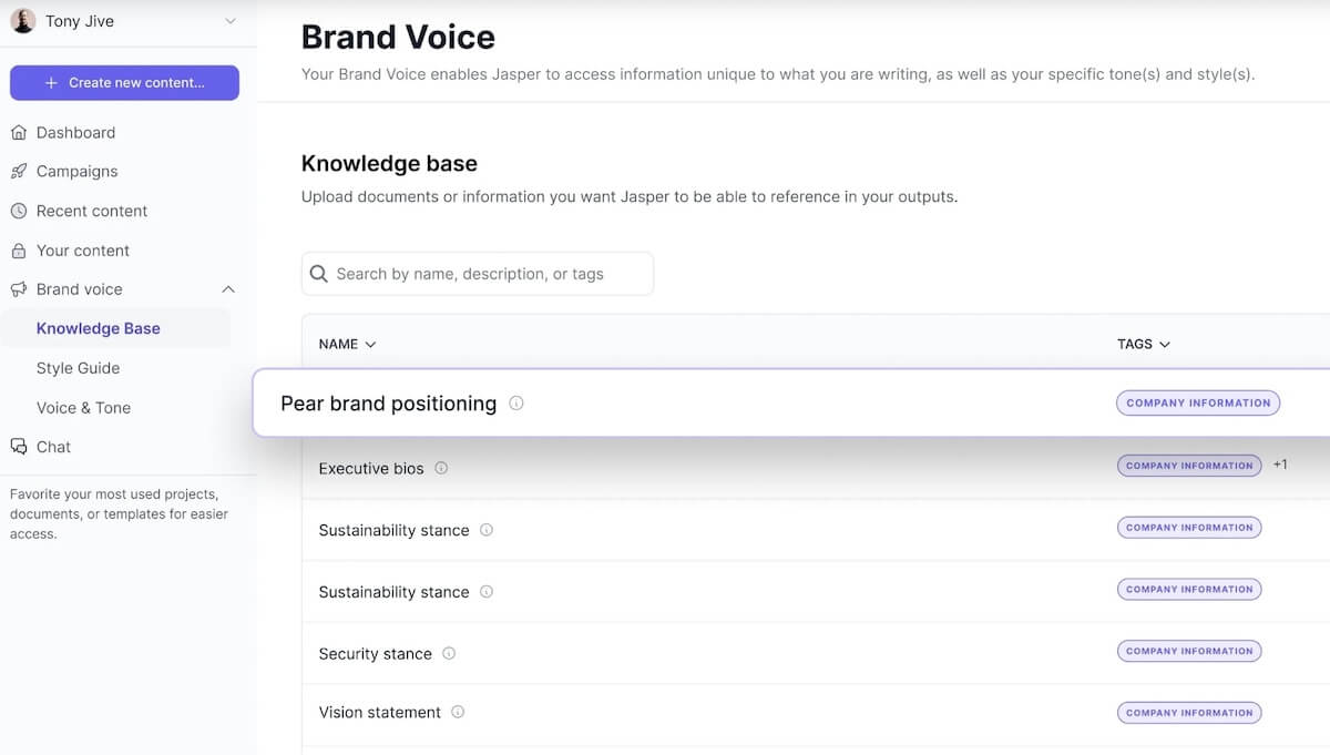 Screenshot of Jasper's Brand Voice page