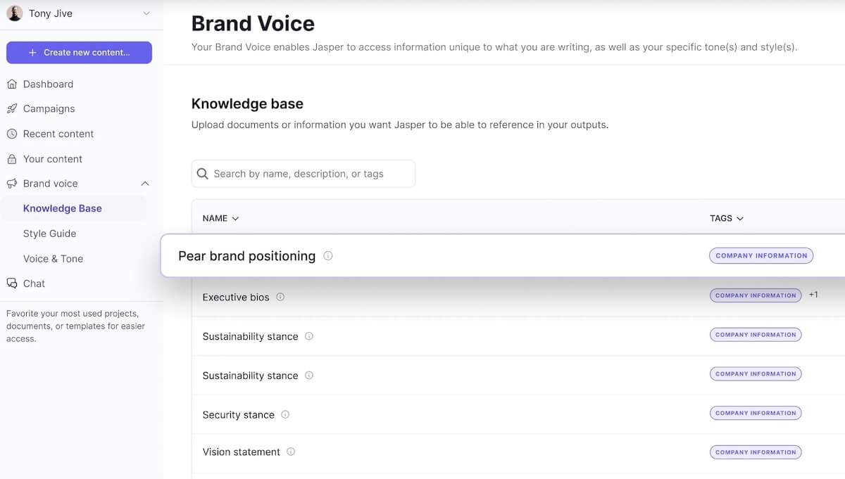 Screenshot der Seite Brand Voice von Jasper