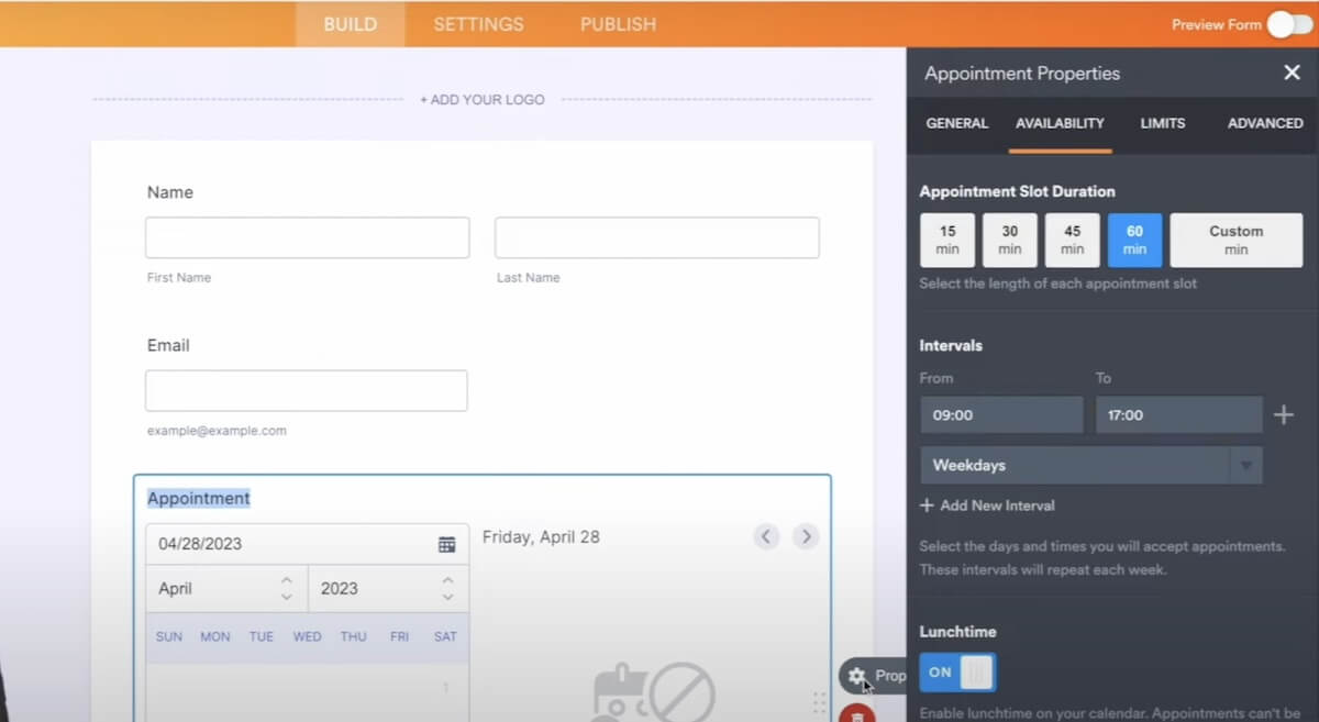 Creare un appuntamento in Jotform