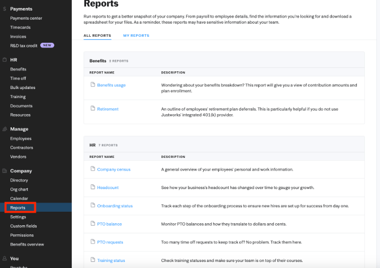 Justworks' Reports page