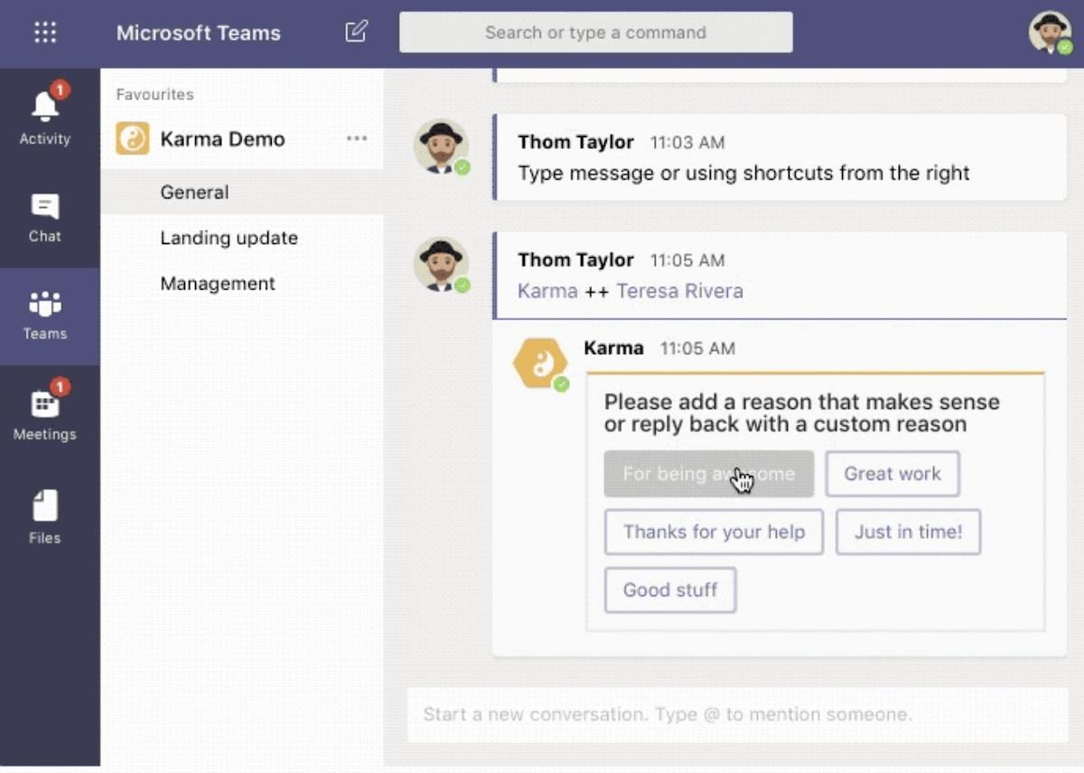 Microsoft Teams-Integrationen: Cursor schwebt über der Option "For being awesome" in Karma