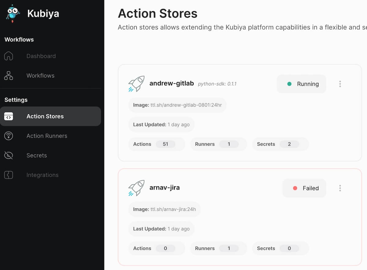 Kubiya's Action Stores settings