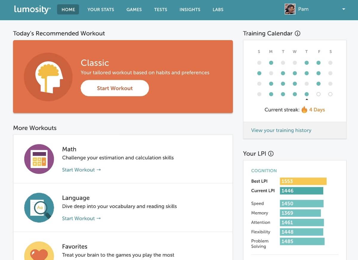 Personal development tools: Lumosity's home page