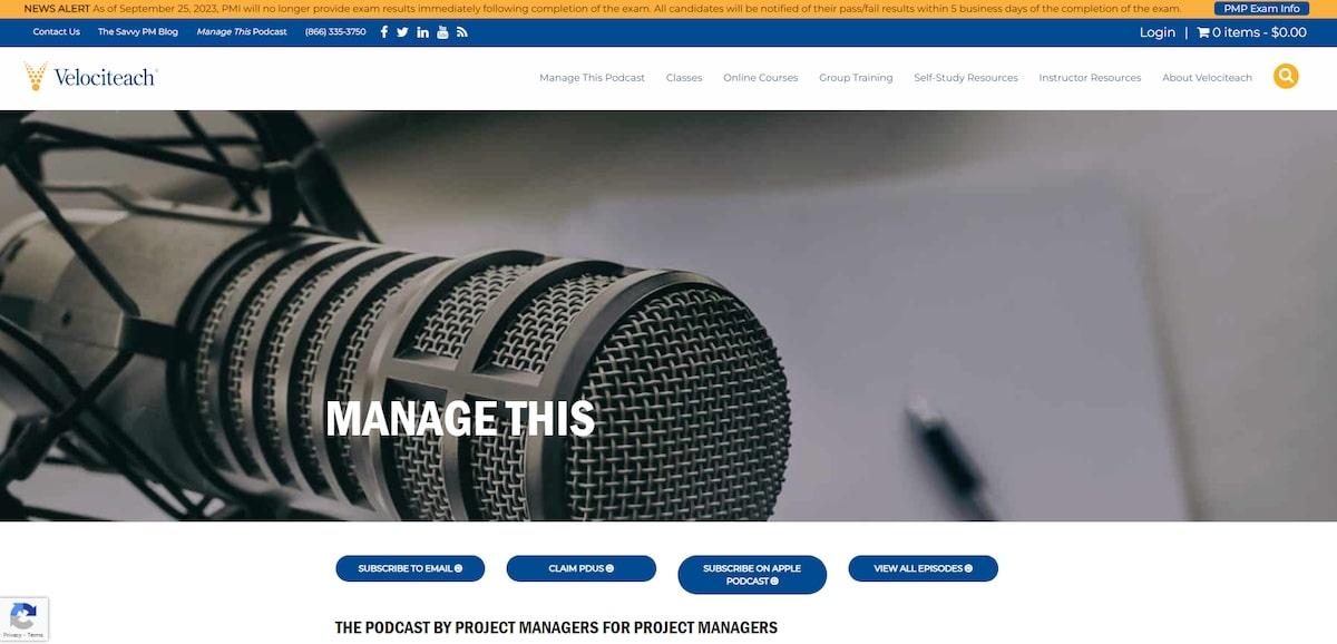 Homepage of the Manage This podcast
