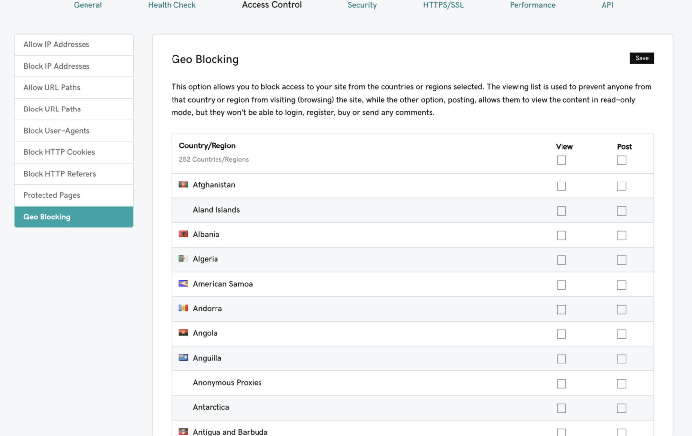 Gerenciamento de configurações e opções de bloqueio geográfico na GoDaddy