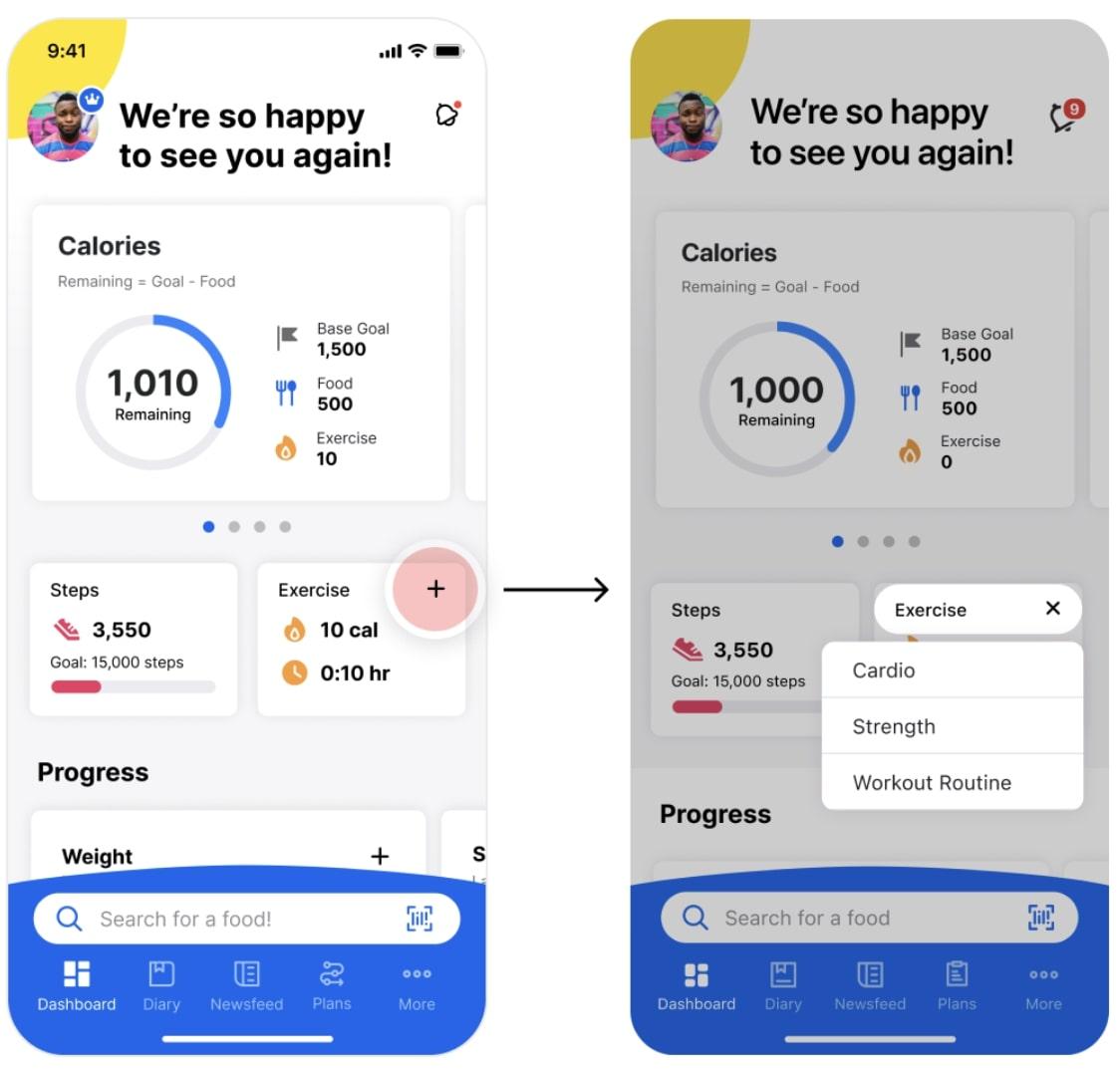 Acompanhamento de alimentos, calorias e exercícios na visualização móvel do MyFitnessPal