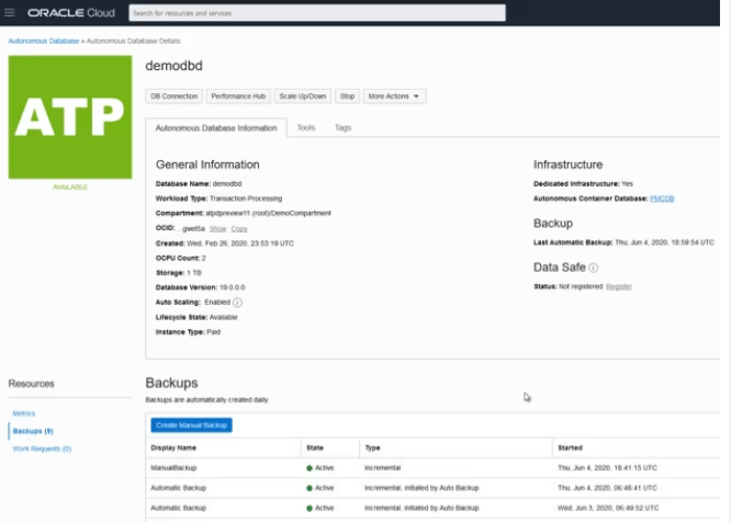 Opérations Oracle Autonomous Transaction Processing