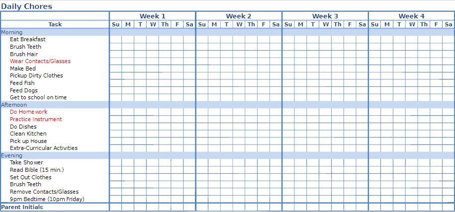 Free Printable Chore Chart PDF Template for Kids