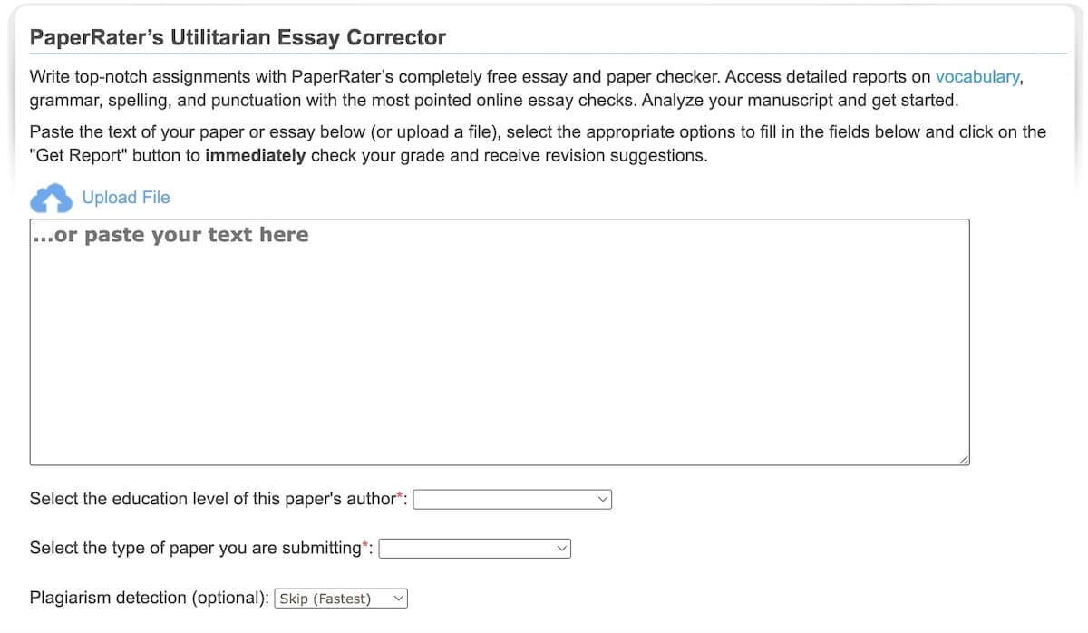 Hemingway app alternatives: PaperRater's Utilitarian Essay Corrector page