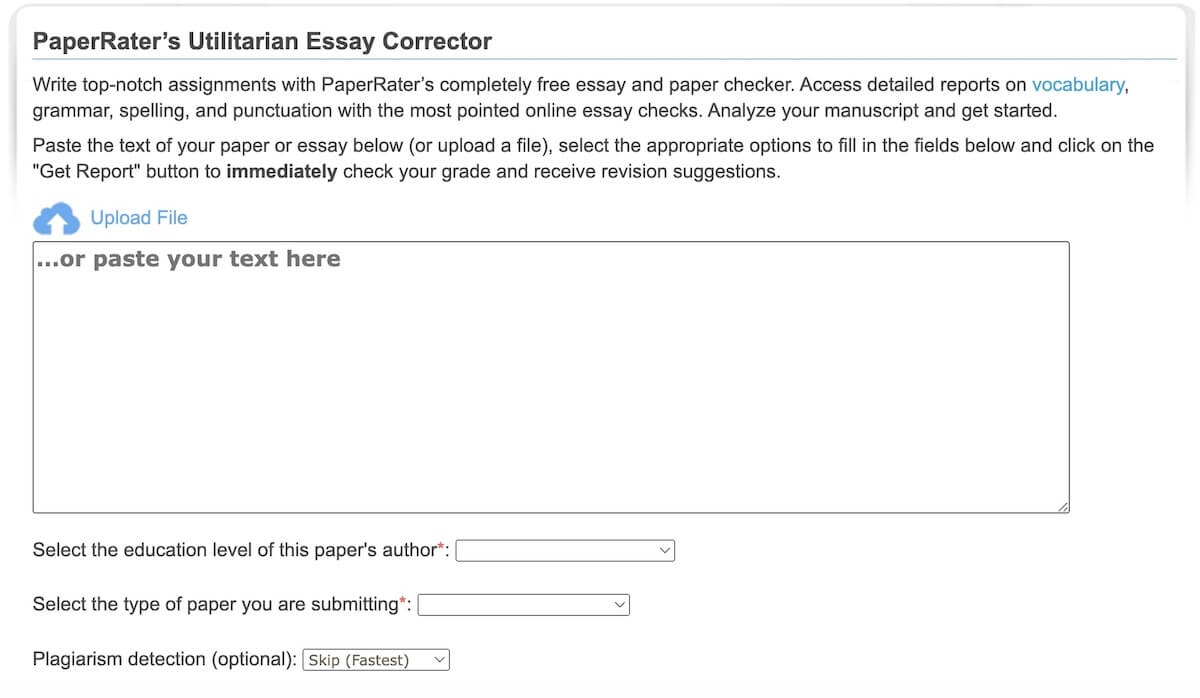 Hemingway app alternatives: PaperRater's Utilitarian Essay Corrector página