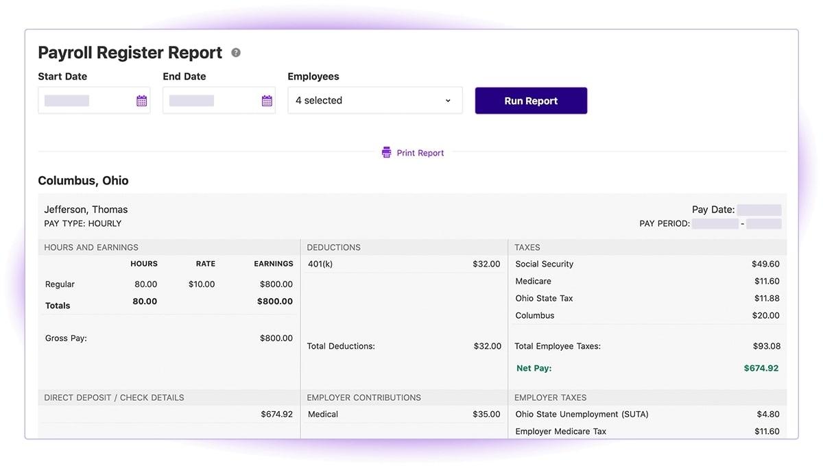 Page du rapport sur le registre des salaires de Patriot Software