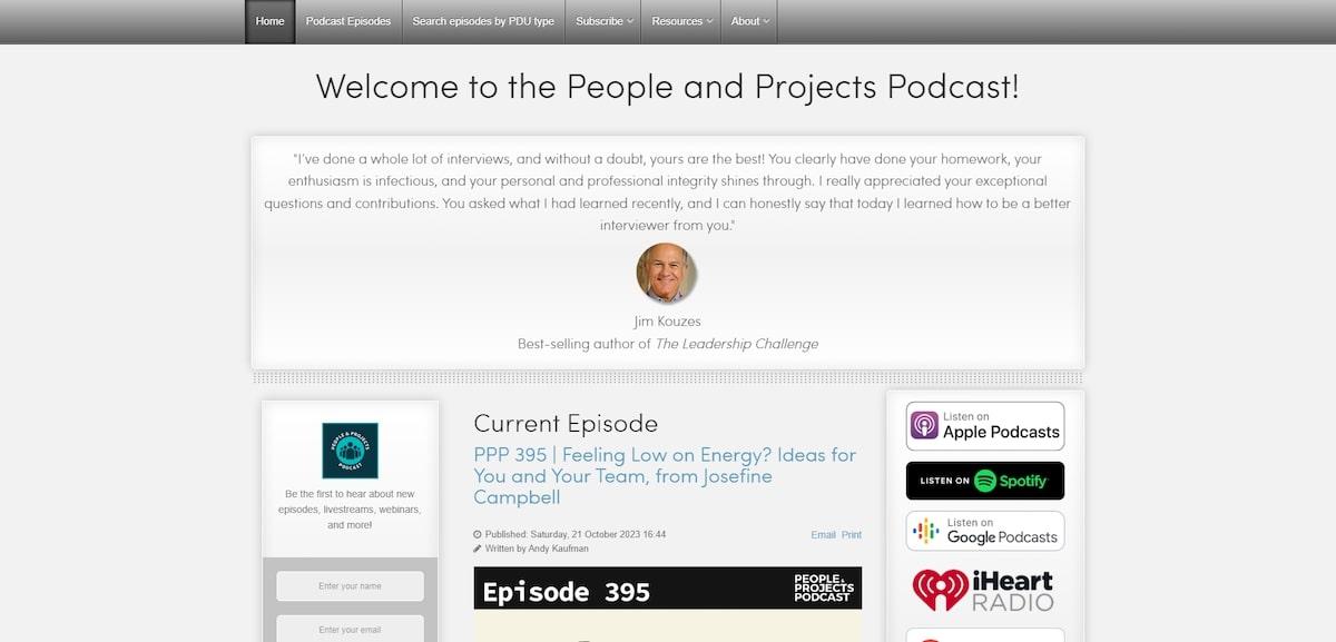 Homepage of the People and Projects, which is a Project Management Podcast