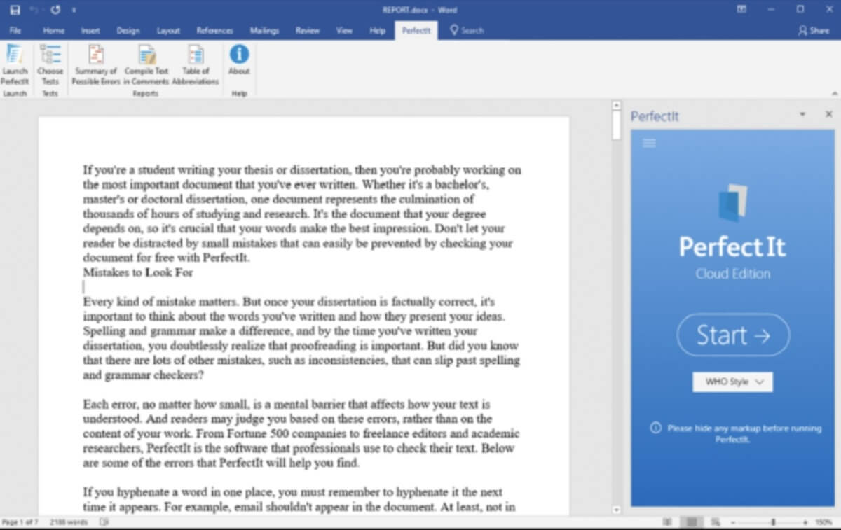 Proofreading a document using the PerfectIt app