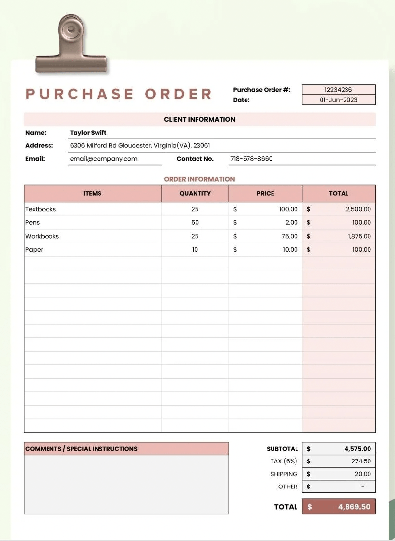 Plantilla de formulario de orden de compra