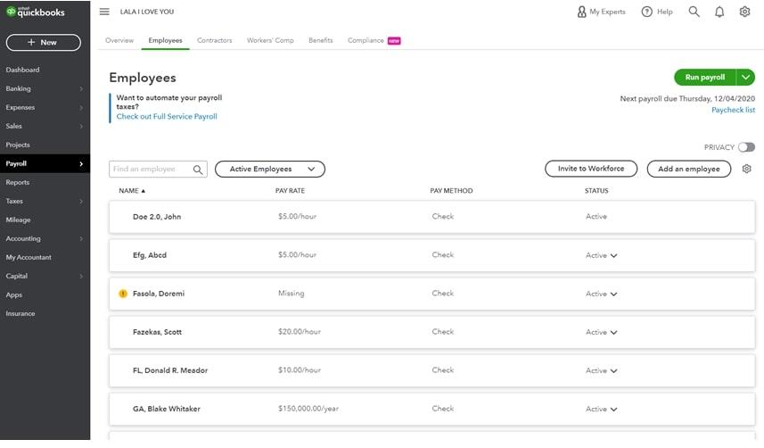 Alternativas Gusto: página de folha de pagamento de funcionários no QuickBooks