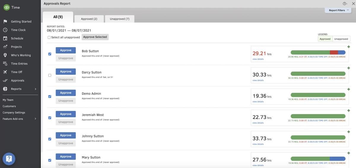 Time attendance software: Quickbooks Time's logged hours approval feature