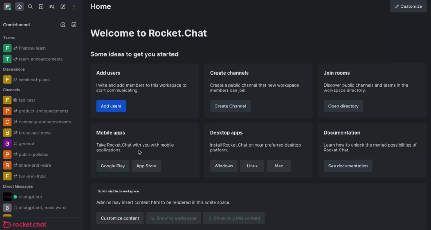 Interfaz de Rocket.Chat