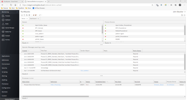 Painel de controle do RunMyJobs