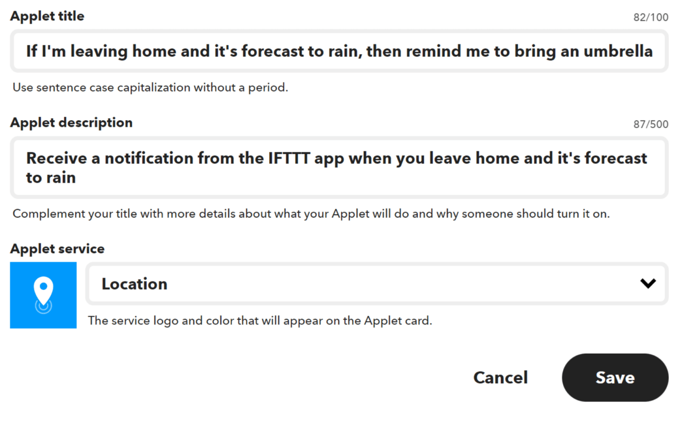 Salvataggio di una nuova applet in IFTTT