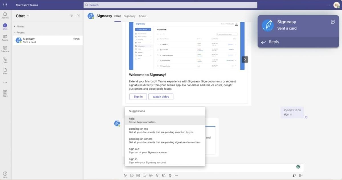 Microsoft Teams 내 Signeasy의 채팅 상자