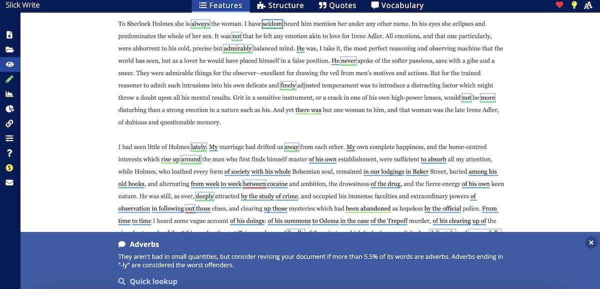 Alternativas de Grammarly: ejemplo de un documento con errores resaltados en Slick Write