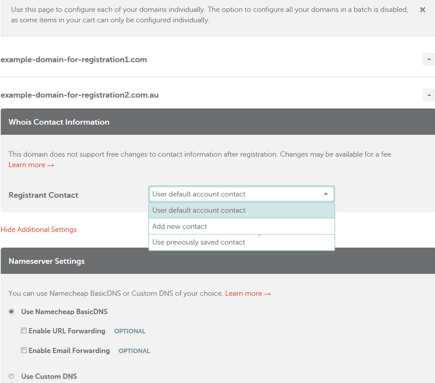 Snapshot of registering a domain with Namecheap