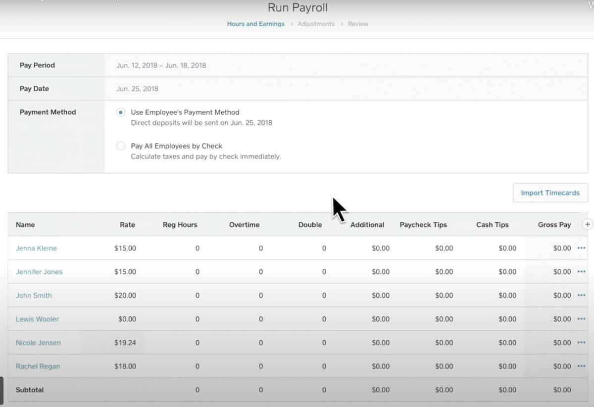 Gusto alternatives: list of employees and their rates in SquareUp Payroll 